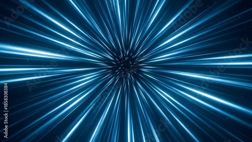 Cool blue/teal radial beams rushing toward the viewer (warp speed)