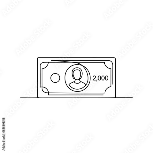 Simple Line Drawing of a 2000 Currency Note with Portrait and Serial Number