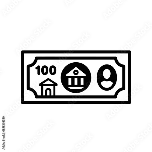 Simple Line Drawing of a Banknote with Numerical and Icon Elements