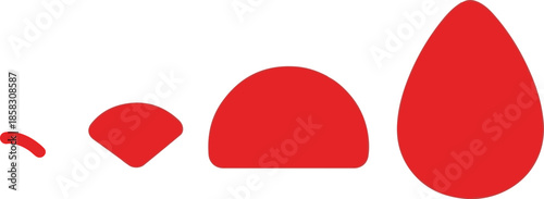 A series of four red abstract shapes of increasing size arranged in a line from left to right on a white background Keywords: red, abstract