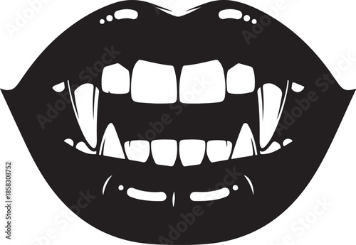 Black of vampire lips with sharp fangs and glossy highlights on a white background Keywords: vampire lips, fangs, mouth, teeth, black, white