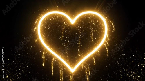 Golden neon light trail heart frame. Heart Shape with glowing light sparkles and glitter particles isolated on black background, empty space for text, chroma key VFX for overlay. Saint Valentine's day