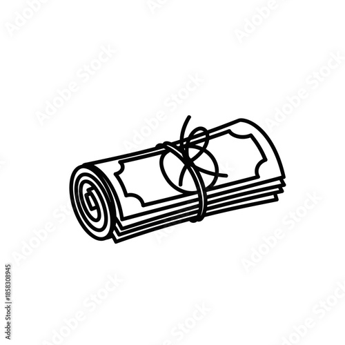 Simple Line Drawing of Rolled Currency Note with Tie for Financial and Business Concepts