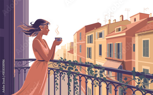 A serene woman stands on a balcony overlooking a quaint European cityscape while sipping a warm beverage on a breezy day