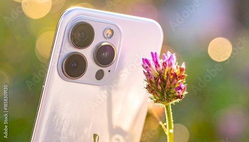 Close-up of a modern smartphone camera system next to a vibrant purple flower, with a soft bokeh background.