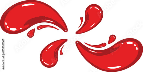 Dynamic Red Liquid Splashes and Droplets Forming a Swirling Abstract Pattern on White Keywords: red liquid splashes, red droplets, abstract swirls