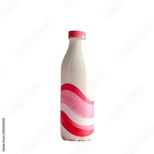 A tall, white bottle with pink wavy lines, a pink cap, set against a black background