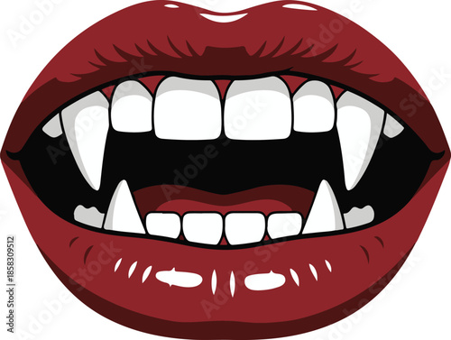 Open red lips with sharp white vampire fangs and white teeth against a clean white background of a monstrous mouth Keywords: lips, mouth, open