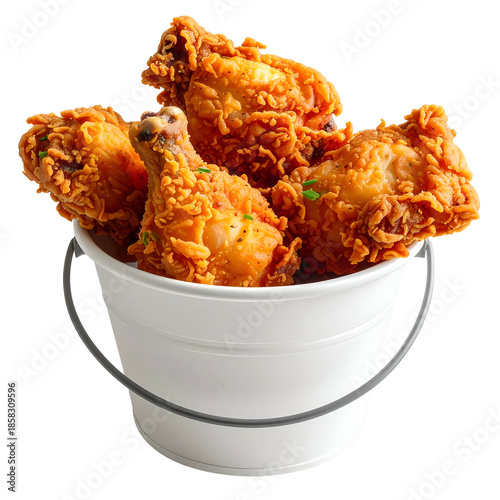 Golden-brown, crispy fried chicken pieces overflowing a small white bucket