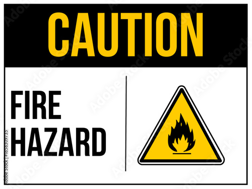 Caution, fire hazard sign. Fire safety triangle icon, warning flame hazard icon, caution flammable area