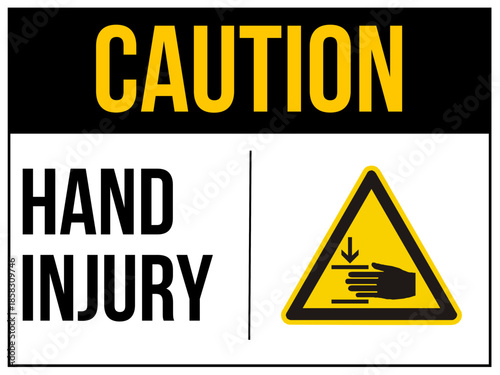 Caution, hand injury sign.  Yellow triangular warning sign indicating a hand crushing hazard, promoting workplace safety and preventing accidents.