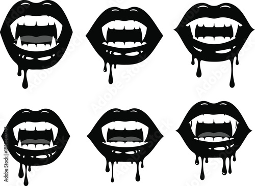 Six black silhouette vampire mouths with sharp fangs and visible tongues dripping dark liquid on a white background Keywords: vampire, mouth, lips