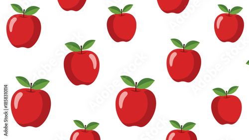 Seamless apple pattern vector illustration, fresh red apples with green leaves