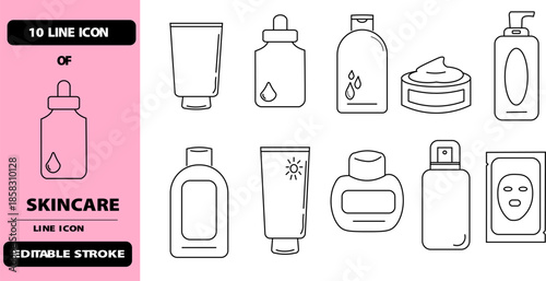 Simple icon set of skincare inculding serum, face wash, mousturizer, cream and more