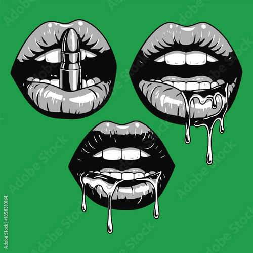 Three stylized open mouths with glossy lips one holding a silver bullet and two dripping liquid on a vibrant green background Keywords: lips
