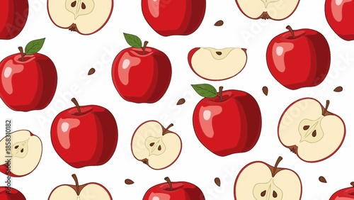 Seamless apple pattern vector illustration, fresh red apples with green leaves