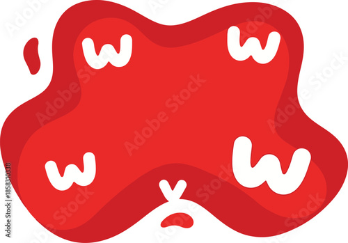 Vibrant red abstract blob shape with four white bubbly letters resembling the letter W scattered across its surface Keywords: red, abstract, blob