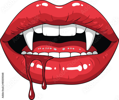 Vivid red glossy lips with sharp white vampire fangs dripping on a white background, a striking halloween or horror Keywords: vampire lips, fangs