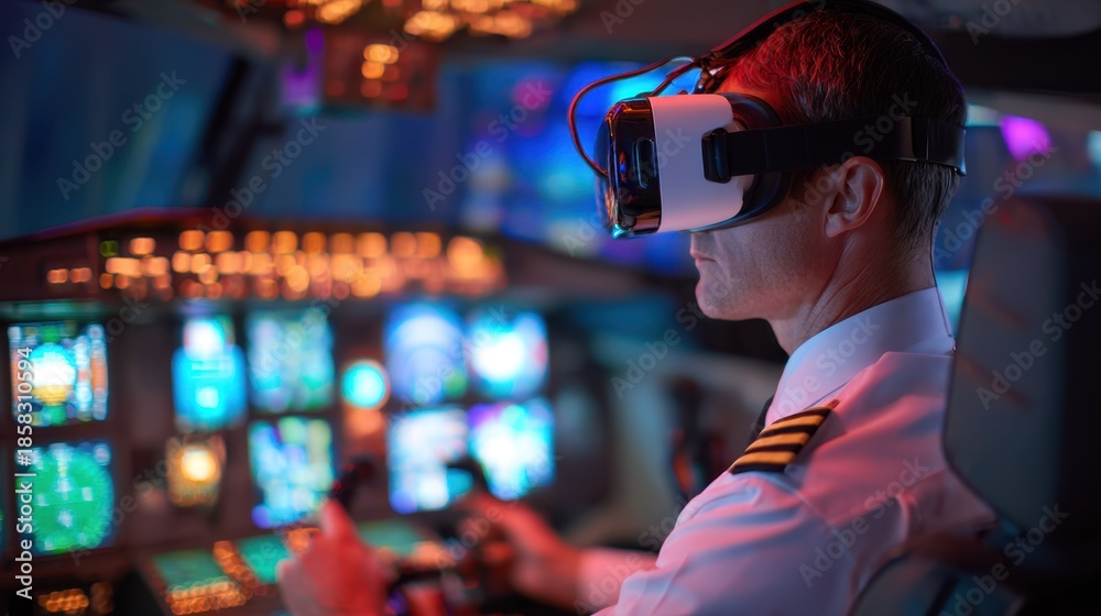 Obraz premium Medium shot of a pilot immersed in virtual reality flight training focusing on the headset and hand controls while background cockpit instruments blur.