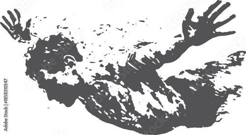 Man diving into water, showcasing dynamic motion in a black and white vector illustration. The design emphasizes fluidity and action.