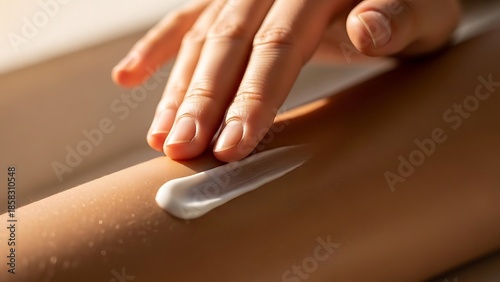 Wallpaper Mural Close-up of a person's hand applying moisturizing cream or sunscreen lotion to smooth, healthy skin on an arm or leg, emphasizing hydration, skin care, and beauty. Torontodigital.ca