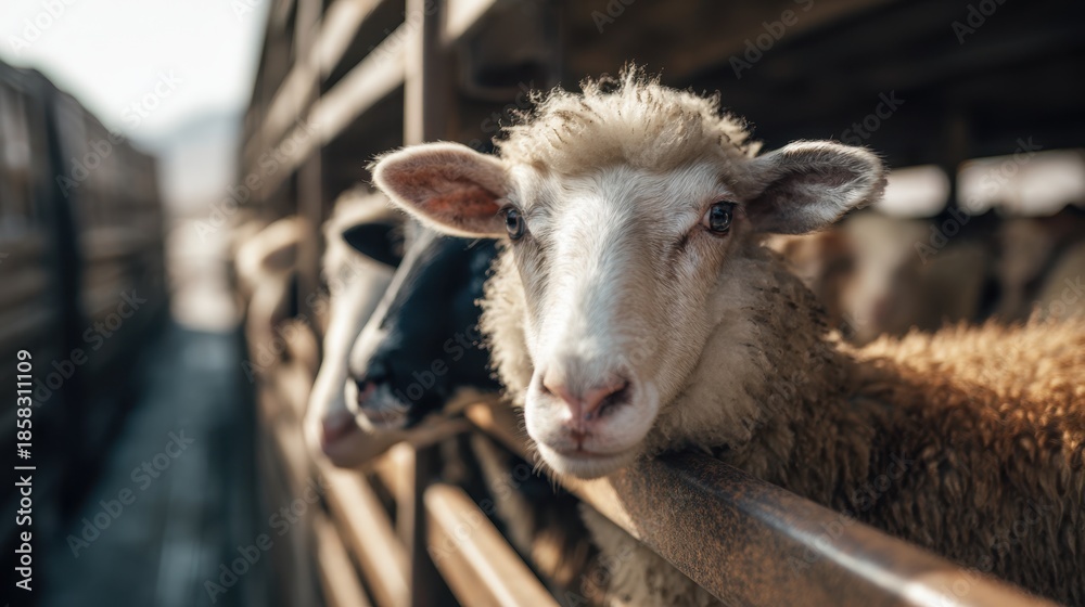 Obraz premium Side view of sheep calmly standing inside a livestock transport truck the main flock in crisp focus contrasting with the blurred farm environment outside.