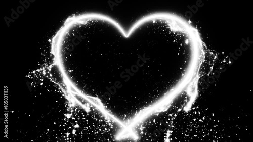 White neon light trail heart frame. Heart Shape with glowing light sparkles and glitter particles isolated on black background, empty space for text, chroma key VFX for overlay. Saint Valentine's day