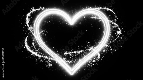 White neon light trail heart frame. Heart Shape with glowing light sparkles and glitter particles isolated on black background, empty space for text, chroma key VFX for overlay. Saint Valentine's day