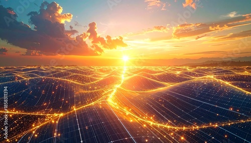 Vast solar energy networks floating in the sky, abstract sun cores, golden and orange light waves, futuristic sustainable world, clean energy theme, soft cinematic background.