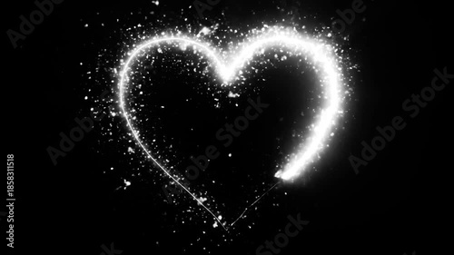 White neon light trail heart frame. Heart Shape with glowing light sparkles and glitter particles isolated on black background, empty space for text, chroma key VFX for overlay. Saint Valentine's day