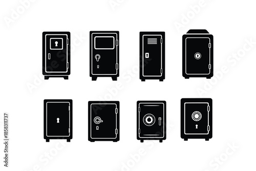 Bank Vault Safe Icon Set – Secure Storage Strongbox Silhouette Vector