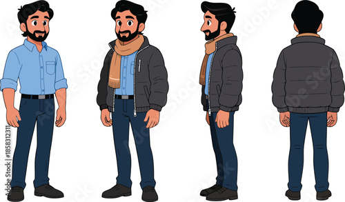 Casual Bearded Man Character Turnaround in Jacket and Shirt – Front, Side, Back Views