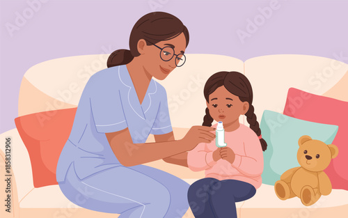A nurse consoling a young girl with a teddy bear on a couch in a calm indoor setting from a front viewpoint