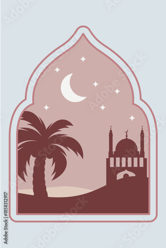 Ramadan Kareem window and lantern backgrounds. Modern Islamic greeting card template and wallpaper design