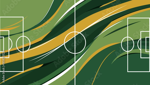 Flat vector background for world cup football poster, abstract football field shapes, dynamic lines, global sports theme, green and gold color palette, minimal modern style, no text, high-quality vect