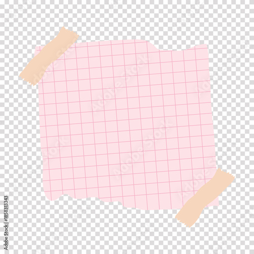 Torn Pink Grid Paper Note with Tape on Transparent Background ripped