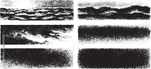 Ocean waves in black and white, featuring textured patterns. Simple vector illustration showcasing contrasting elements in a set.