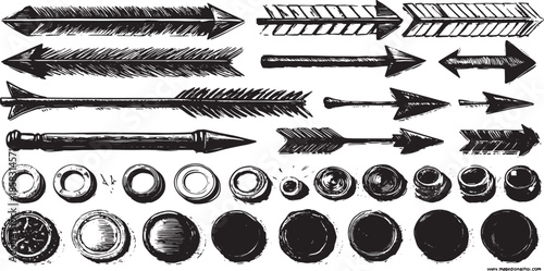 Arrow vector set in black sketch style. Geometric shapes include various arrows and circles for design and illustration purposes.