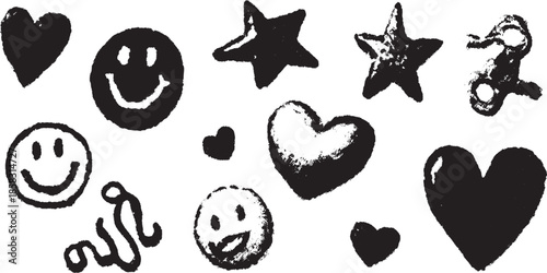 Heart and smile icons in black color. Simple vector illustration of doodle elements set.