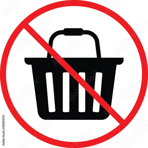 no Shopping basket icon. Retail basket prohibition symbols. No hand basket graphic design. Shopping restriction and store policy signs 
