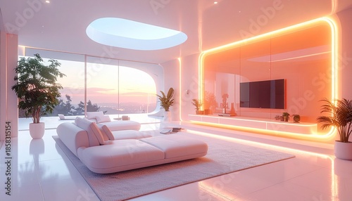 Minimalist abstract future home where furniture dissolves into pixels, adaptive walls reacting to sound and touch, warm pastel neon colors, clean sci-fi aesthetic”