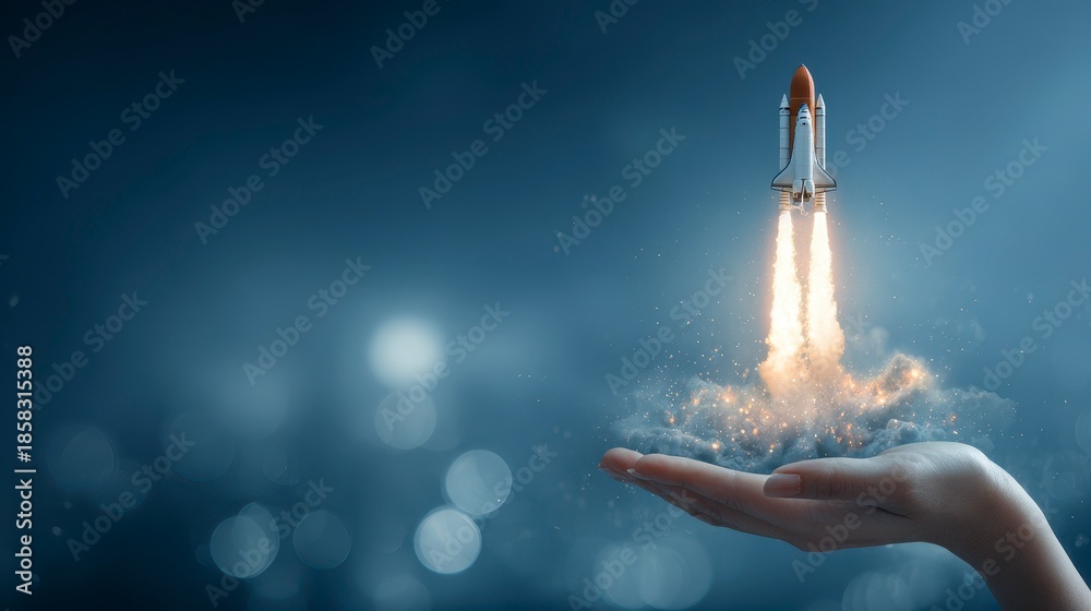 Fototapeta premium A hand, cupped, supports a miniature rocket during liftoff, with bright flames and a blurred city backdrop at night