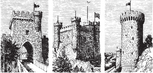 Castle tower illustration in black and white sketch style. Detailed line art of a historic fortress with gate, vector illustration set in a scenic landscape.