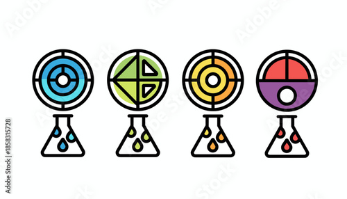 Set of laboratory flasks with target symbols and reagent drops isolated on white background, scientific accuracy concept