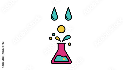 Colorful laboratory reagent drops falling into flask isolated on white background, chemistry experiment concept