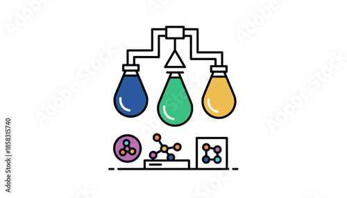 Laboratory chemical reaction system with reagent drops and molecules isolated on white background, innovation concept