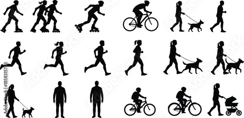 Active people silhouettes collection, running skating cycling walking dog scenes, outdoor fitness lifestyle activities, black vector illustration isolated white background