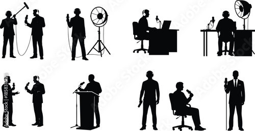 Audio recording and podcast studio silhouettes, microphone sound production scenes, broadcasting journalism media work, voice recording concept, isolated black illustration