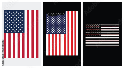 Three variations of the american flag with stars and stripes, isolated on