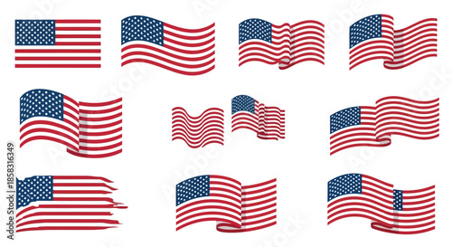 Collection of nine american flags waving in different styles, isolated on